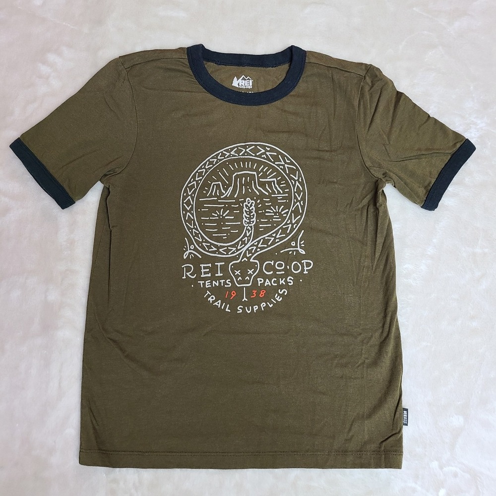 REI CoOp Kids M 10-12 Olive Green Ringer T-Shirt Short Sleeve Rattlesnake Trails